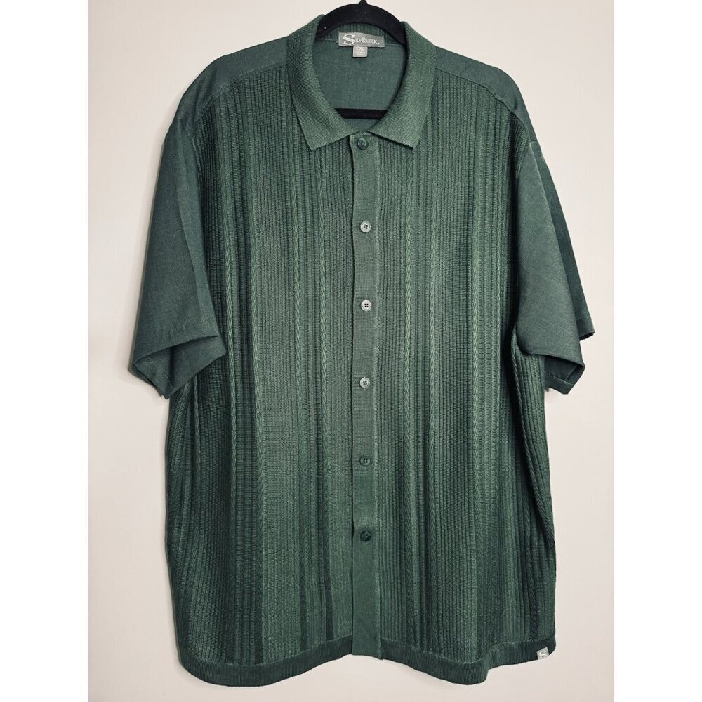 SilverSilk Short Sleeve Men's Size 2XL Green Button Down Shirt Knit Linen Combo